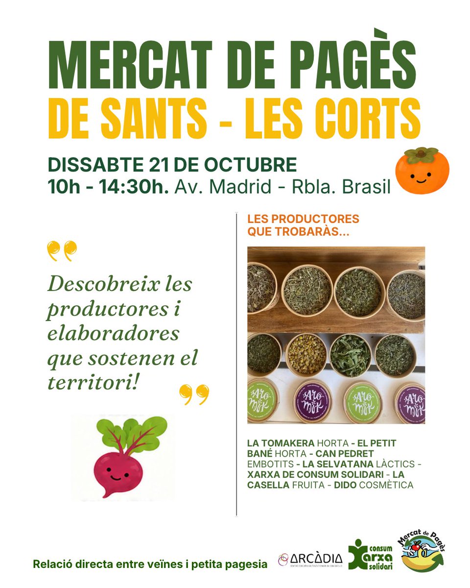 MercatDePages's tweet photo. Dissabte 24/10 de 10h a 14:30h
📌 Sants - Les Corts

#Proximitat #KM0 #SobiraniaAlimentaria https://t.co/po6FrWUKPN