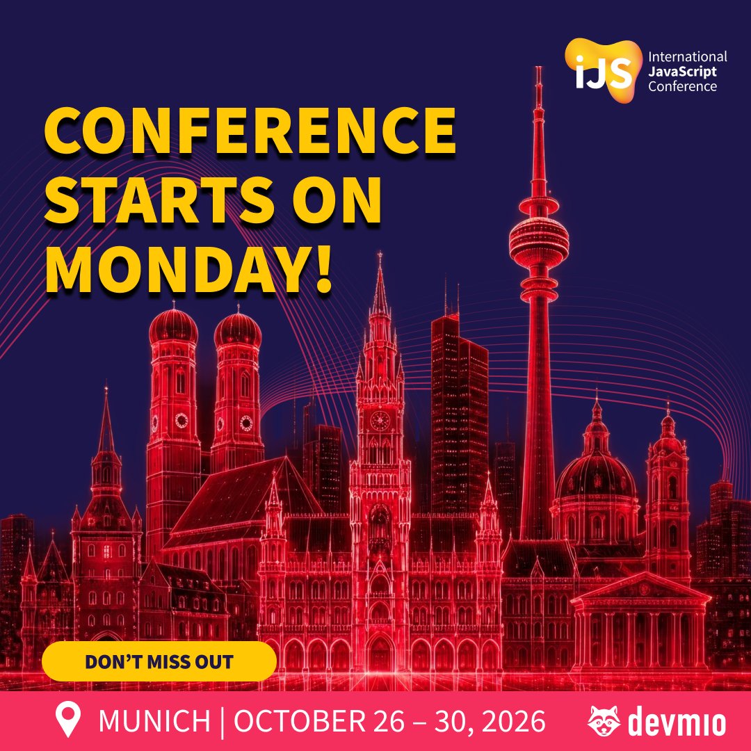 JavaScriptCon's tweet photo. 🚀 The countdown is ON! International JavaScript Conference Munich 2026 starts on MONDAY! 🔥
From October 26–30, join us for an exciting week of JavaScript innovation, expert insights, and hands-on learning! 💻✨

Explore the latest in Angular, React, Node.js, AI-powered development, web performance, and more while connecting with the JavaScript community.
📍 Munich & Online – Join us wherever you are!
🎟️ Don’t miss out! Secure your spot today:

👉 On-site tickets: https://t.co/51AMFsPSfX
👉 Remote tickets: https://t.co/vSkIzKzp7w

💛 See you on Monday!

#iJS #InternationalJavaScriptConference #JavaScript #iJSMunich #WebDevelopment #ReactJS #Angular #NodeJS #TechConference