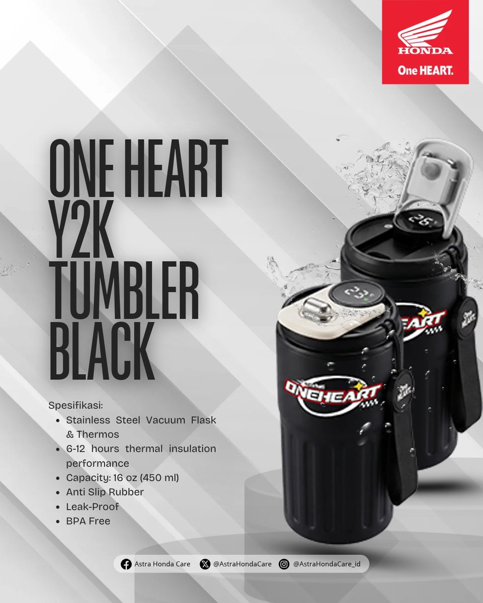 AstraHondaCare's tweet photo. Nikmati minuman favoritmu lebih lama dengan One HEART Y2K Tumbler Black. Desain modern, anti bocor, dan mampu menjaga suhu minuman hingga 12 jam.

Siap jadi teman setia di kantor, kampus, maupun saat riding! 

#AstraHondaCare #Cari_Aman #SalamSatuHATI https://t.co/FHEMp5Mx94
