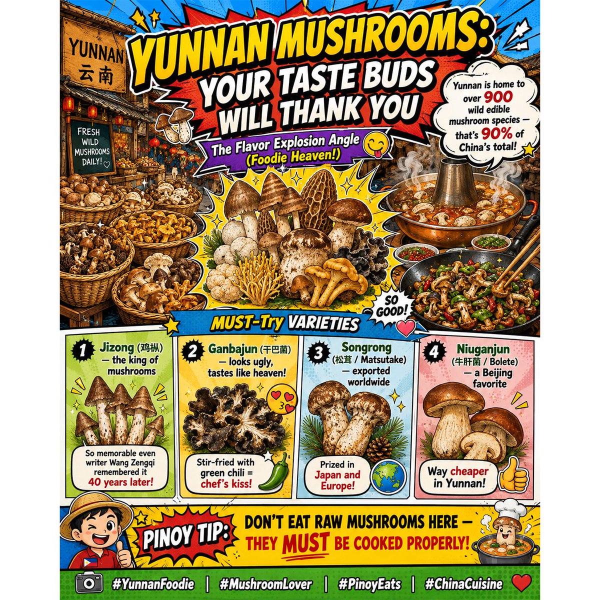 NallelyMoxxa06's tweet photo. Yunnan’s wild mushrooms are a foodie’s dream. Try Jizong, Ganbajun, Matsutake, and Bolete for unforgettable flavor. Important: never eat wild mushrooms raw; they must be cooked properly. https://t.co/QKcU0eGWVq