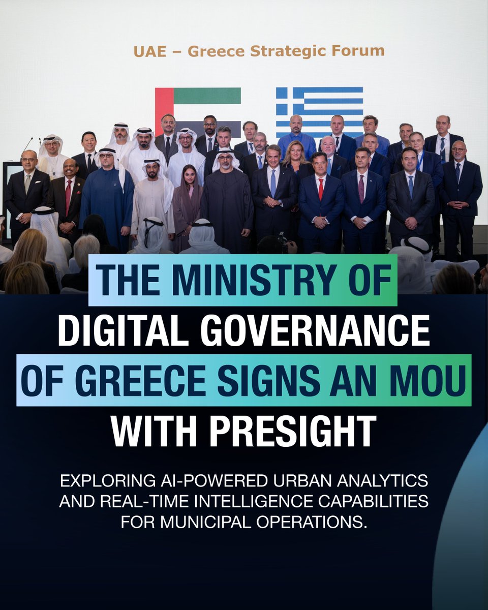 PresightAI's tweet photo. Presight has signed an MoU with Greece’s Ministry of Digital Governance to explore AI-powered urban analytics and real-time intelligence for municipal operations, including potential agentic AI applications in waste management and water-network monitoring. https://t.co/tDN9TqHuRI