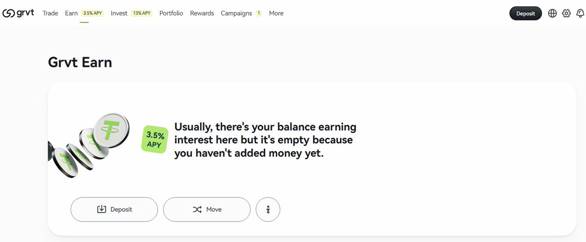 HuevaToi's tweet photo. Every yield has a source. If nobody can name it, the source is usually you.

That is the first question to ask of any APY, and it is the right question for Grvt Earn, due from @grvt_io at the end of October.

To its credit, the source was named before the product exists:

- Interest from tokenized fixed-income assets
- Premiums generated by those underlying assets
- Invoice-related income

That is cash flow from real assets, not token emissions printed to reach a headline number. The target is up to 11%, and it is not guaranteed.

Two things keep me measured:

- The asset-supplying partners will only be announced at launch, so the most important names are still missing
- What is live on Grvt today pays a more modest number: earn-on-equity shows 3.5% APY on the site, interest on your balance while you trade

The gap between 3.5% live and up to 11% targeted is exactly what the launch has to explain.

When Earn ships, I will read the partner names and the asset list first, and the APY second.