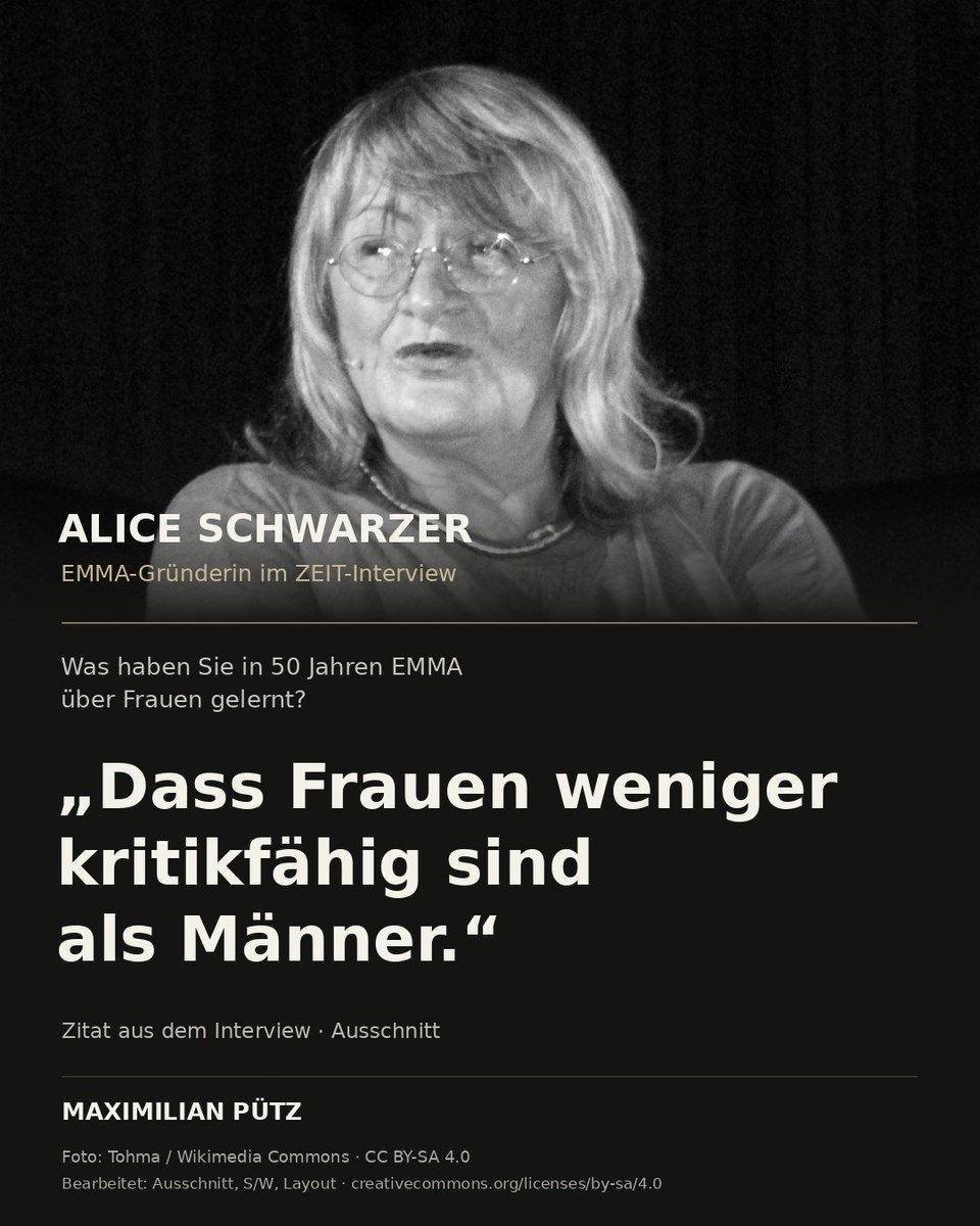casanovacode's tweet photo. Das muss man sich mal auf der Zunge zergehen lassen. Ausgerechnet Alice Schwarzer, die EMMA-Gründerin, sagt im Interview Folgendes:

ZEIT: Was haben Sie in den 50 Jahren Emma über Frauen gelernt, Frau Schwarzer?
>
Schwarzer: Dass Frauen weniger kritikfähig sind als Männer. Ich habe am Anfang nicht gewusst, dass die Mehrheit der Frauen sich als Person in Gänze infrage gestellt fühlt, wenn man sie punktuell kritisiert. Ich musste lernen, darauf Rücksicht zu nehmen. Natürlich habe ich mich manchmal danach gesehnt, mit Männern zu arbeiten. Weil ich finde: Männer sind einfacher. Aber ich habe auch lange nicht mehr mit ihnen gearbeitet. Deshalb fange ich vielleicht an, sie zu idealisieren. Das war schön, als die Jungs noch ihre Bierflasche auf den Tisch stellten und sagten: »Also, Schwarzer, was ich dir mal sagen wollte: Das ist ein Mist, den du da gemacht hast!« Da blühe ich auf.

Damit spricht sie etwas an, das viele Männer aus ihrem Alltag kennen, aber kaum aussprechen können, ohne als böse Sexisten hingestellt zu werden.

Du kritisierst einen konkreten Punkt, und plötzlich geht es darum, ob du die ganze Person infrage stellst. Das macht eine Zusammenarbeit natürlich schwierig. Wie soll man inhaltliche Kritik üben, wenn daraus jedes Mal eine Grundsatzdebatte wird?

In Beziehungen kann genau das zum Dauerkonflikt werden. Für mich entstehen viele dieser Konflikte dadurch, dass unterschiedliche Erwartungen und Empfindlichkeiten geleugnet werden, anstatt zu lernen, mit ihnen umzugehen.

Männer setzen ihre eigenen Maßstäbe an Frauen an und erwarten, dass die genauso reagieren wie sie selbst. Frauen machen das umgekehrt natürlich genauso. Und dann wundern sich beide, warum sie ständig aneinander vorbeireden.

Viele Männer werden in solchen Beziehungen regelrecht zerrieben, weil sie keine Ahnung haben, wie sie damit umgehen sollen. Sie erklären noch ausführlicher, rechtfertigen sich noch länger und kommen trotzdem keinen Schritt weiter.

Es ist aber nie zu spät, das zu lernen. Mein Hörbuch ist ein guter Einstieg:
https://t.co/Z6OHuvXAWV