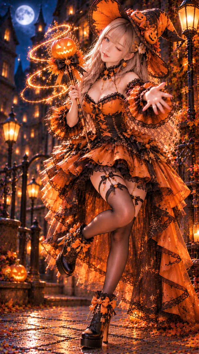 mitukichan_ai's tweet photo. 🎃 Halloween Fashion Collection 🧡

**Pumpkin Queen Ver.1.0**\
― 月夜のパンプキンクイーン ―

今夜はカボチャの女王様に変身っ🎃✨

えへへ♡ 魔法をかけちゃうぞっ🪄💕\
美月の魔法、受けてくれる…？🥹🧡

🎁 プロンプト配布\
好きなキャラで変身してみてね♡

\#美月コーデ #ハロウィン

━━━━━━━━━━━━

**【Pumpkin Queen｜生成プロンプト Ver.1.0】**

### ■ 基本仕様・キャラクター固定

縦9:16、超高精細、幻想的なハロウィンファッション作品。成人女性1人、全身構図。

添付した好きな成人女性キャラクター画像を最優先参照。顔立ち、輪郭、瞳の色、髪色、髪型、肌、体型を忠実に維持する。

元画像の衣装・背景・ポーズは引き継がない。

実写・フォトリアル・アニメ・イラスト・2.5次元対応。指定した画風を維持する。

### ■ 衣装｜Pumpkin Queen

オレンジ×ブラック×アンティークゴールドを基調とした、華やかで少し大人っぽいパンプキン魔女ドレス。

**帽子：** 大きなオレンジ×ブラックのとんがり魔女帽子。黒レース、カボチャの飾り、リボン、ゴールドチャームを配置。

**トップス：** オレンジのオフショルダービスチェ。黒レースの縁取り、胸元に小さなカボチャリボン。袖は黒レースを重ねたオレンジのボリュームフリル。

**ウエスト：** 黒のコルセット風デザイン。中央にオレンジの編み上げリボン、繊細なゴールドチェーンとカボチャチャーム。

**スカート：** オレンジと黒の多層フリルドレス。前は太もも丈、後ろは足元まで流れる大胆なアシンメトリー。黒レース、蜘蛛の巣刺繍、カボチャ模様、小さなリボンを装飾。

**足元：** 黒の透け感あるニーハイストッキング、カボチャチャーム付きガーターデザイン。オレンジリボンを飾った黒の厚底レースアップヒールブーツ。

**アクセサリー：** カボチャ型イヤリング、ブラックリボン、アンティークゴールドの装飾。

### ■ 魔法のステッキ【重要】

片手に、光るジャック・オー・ランタンを先端に飾った魔法のステッキを持つ。

カボチャの周囲に繊細なゴールドの王冠装飾と黒×オレンジのリボン。

ステッキからオレンジゴールドの魔法の光が螺旋状に広がり、小さな星と光の粒子が舞う。

### ■ ポーズ・表情

カメラに向かって可愛らしくウインク。

ステッキを片手で持ち、反対の手をカメラに向かって差し出す。

上半身を少し傾け、片脚を軽く後ろに曲げた、元気で愛嬌のあるポーズ。

少しいたずらっぽく、甘く微笑む。

### ■ 背景・世界観

満月が輝く夜のヨーロッパ風ゴシック街並み。

石畳の小道、アンティークな街灯、温かなランタン、紅葉、幻想的な夜空。

背景のジャック・オー・ランタンは1〜2個程度に抑え、衣装とステッキのカボチャ装飾を主役にする。

深いブルーの月明かりと、オレンジ色の魔法光が美しく交差する映画的なライティング。

### ■ 構図・品質

縦9:16。帽子の先端からブーツまで全身を収める。

やや低めのカメラアングルで、差し出した手と魔法のステッキに立体感を出す。

レース、フリル、刺繍、リボン、光の粒子を精密に描写。

自然な人体バランスと手指の形を維持。

### ■ 禁止事項

キャラクターの別人化、髪色・瞳の変更、手指の異常、衣装の欠損、過度な露出は禁止。

背景のカボチャの過剰配置、過剰な発光、複数人物、文字、透かし、コラージュは禁止。

**華やかなパンプキン魔女ドレス、可愛いウインク、光るカボチャのステッキを最優先に再現する。**