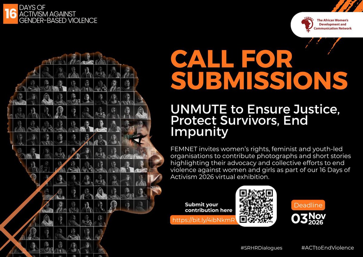 FemnetProg's tweet photo. 📢 CALL FOR SUBMISSIONS

As part of #16DaysOfActivism 2026, FEMNET is co-creating a virtual exhibition to amplify voices, experiences and collective efforts advancing justice for women and girls.

We invite feminist, women’s rights and youth-led organisations to share photographs and short stories highlighting their advocacy and efforts to end gender-based violence.

📅 Deadline: 3 November 2026
🔗 https://t.co/NBHawSl2Hh

#SRHRDialogues #ACTtoEndViolence