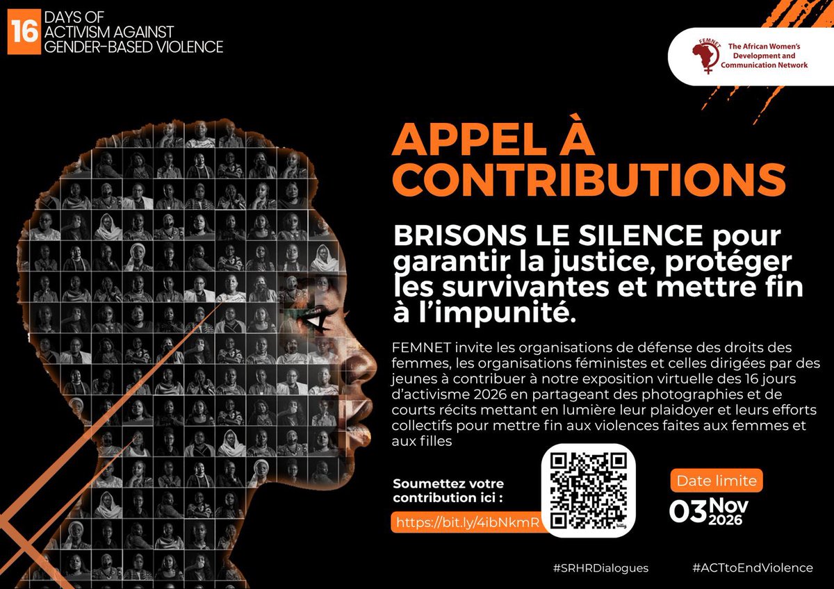 FemnetProg's tweet photo. 📢 CALL FOR SUBMISSIONS

As part of #16DaysOfActivism 2026, FEMNET is co-creating a virtual exhibition to amplify voices, experiences and collective efforts advancing justice for women and girls.

We invite feminist, women’s rights and youth-led organisations to share photographs and short stories highlighting their advocacy and efforts to end gender-based violence.

📅 Deadline: 3 November 2026
🔗 https://t.co/NBHawSl2Hh

#SRHRDialogues #ACTtoEndViolence