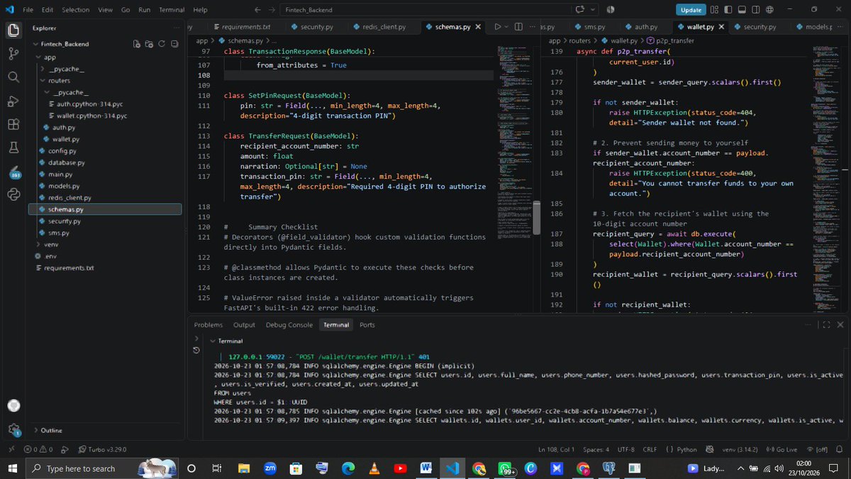 Yourtechguy_001's tweet photo. Day 126 of Python 🐍
Added 4-digit Transaction PIN authorization! 💳🔐
• Built PIN schemas & request validation • Enforced hashed PIN checks on transfers • Verified 401 Unauthorized handling • Security checks live
#Python #FastAPI https://t.co/OGONWSIH9H