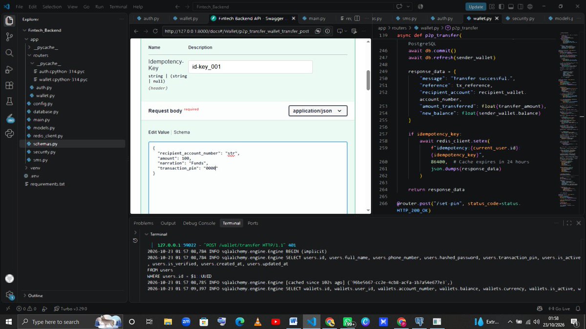 Yourtechguy_001's tweet photo. Day 126 of Python 🐍
Added 4-digit Transaction PIN authorization! 💳🔐
• Built PIN schemas & request validation • Enforced hashed PIN checks on transfers • Verified 401 Unauthorized handling • Security checks live
#Python #FastAPI https://t.co/OGONWSIH9H