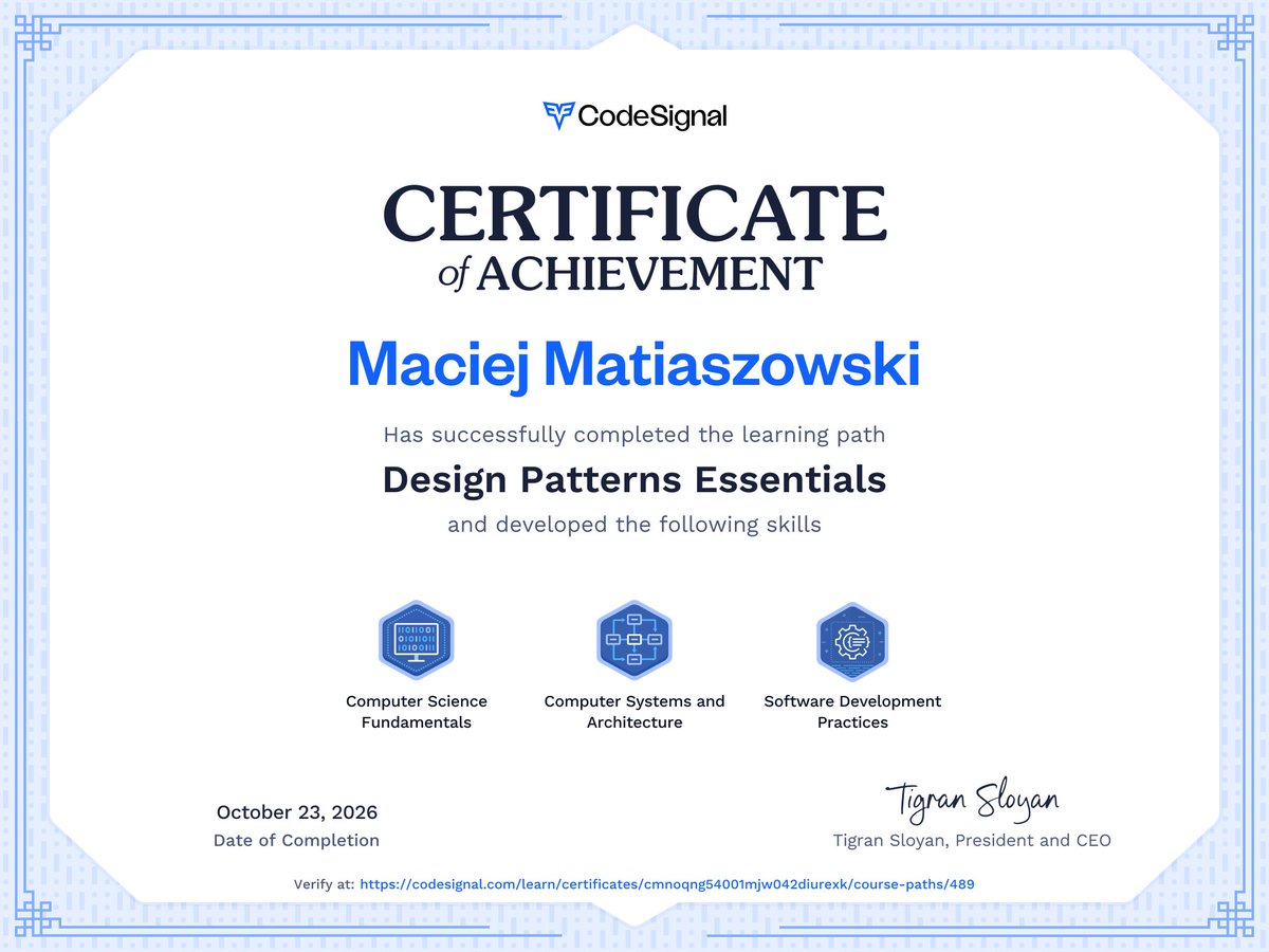 macmatia's tweet photo. I’ve just acquired a new #certificate “Design Patterns Essentials”. Thanks, @CodeSignalCom #DesignPatterns https://t.co/Q6SFisLsWS