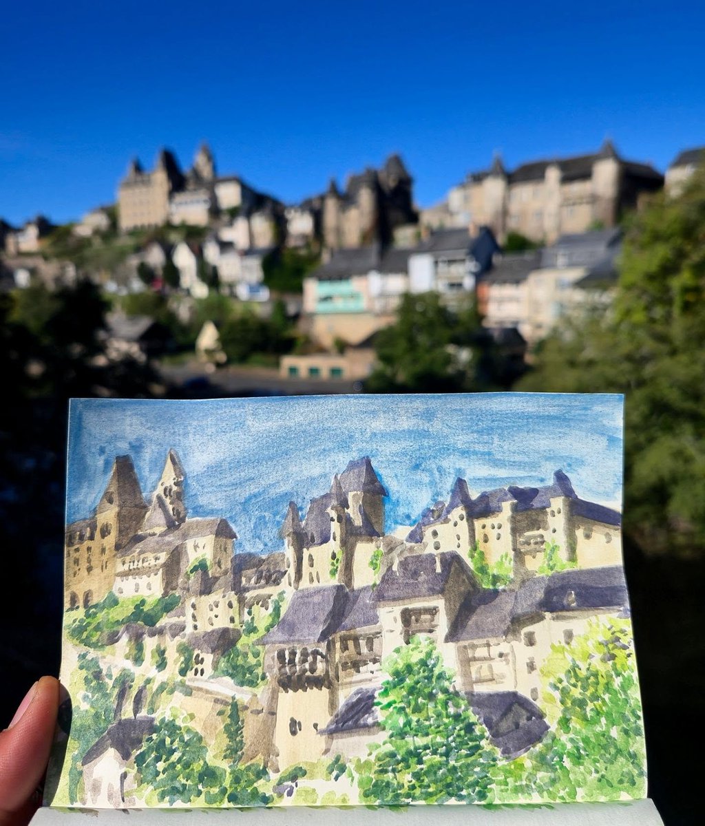 brandy428's tweet photo. Uzerche in watercolour: remarkable architecture, from its school and church to its castles, set along the Vézère River. https://t.co/POZRfi34xU