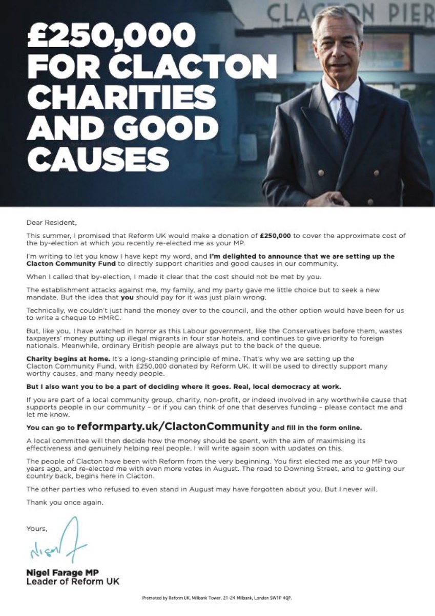 ReformDaily_'s tweet photo. 🇬🇧 CLACTON CHARITIES & LOCAL CAUSES SET TO BENEFIT

Nigel Farage reports a new Community Fund will put decisions in local hands, with a committee choosing which charities & residents receive support

“This Community Fund will make a real difference to Clacton”

#Clacton #NigelFarage #ReformUK
