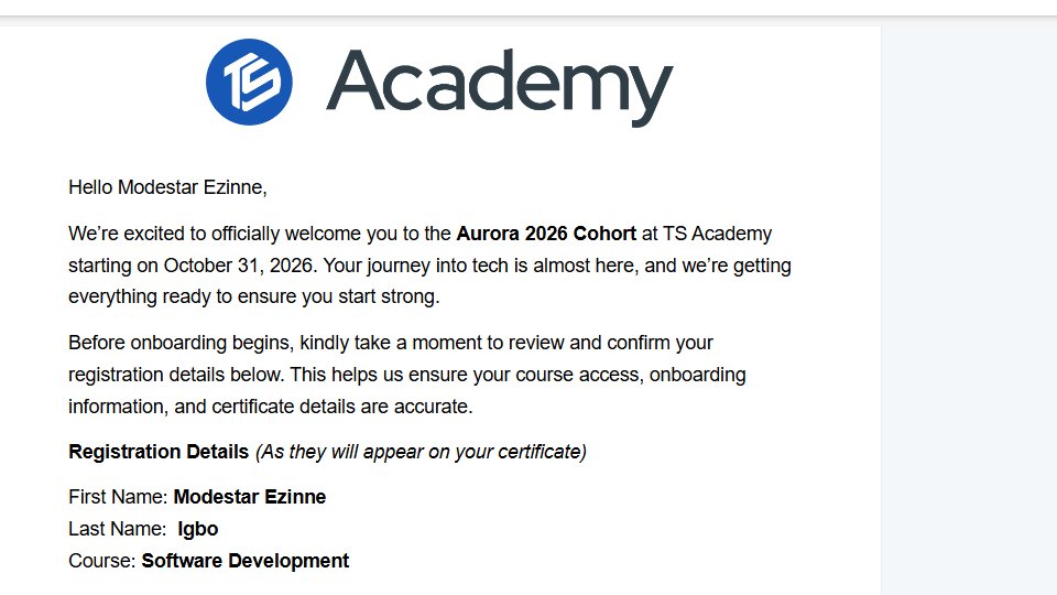 Zyny_Igbo's tweet photo. 🚀 New chapter unlocked!

I'm joining the Aurora 2026 Cohort at TS Academy to study Software Development! 💻🎉

From AI and automation to building real-world solutions.

The goal? Turn knowledge into impact. 🔥

#SoftwareDevelopment #Aurora2026 #TechJourney #TSAcademy https://t.co/Qd6DTN6qCb