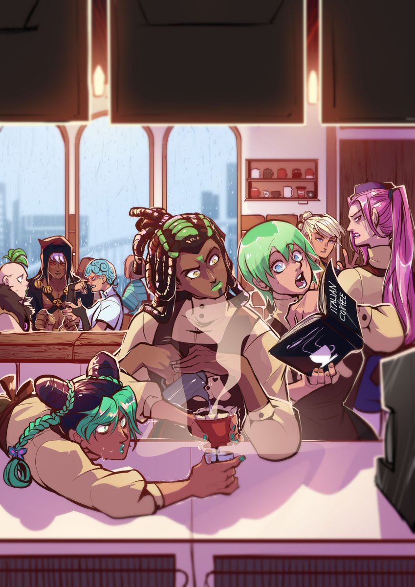 Herzspalter's tweet photo. Did I EVER post this?? It's from 2023 and was for the JJBA Coffee zine - I genuinely can't remember if I have, but who cares aghah here are the girls!! https://t.co/l6Z84C5xkl
