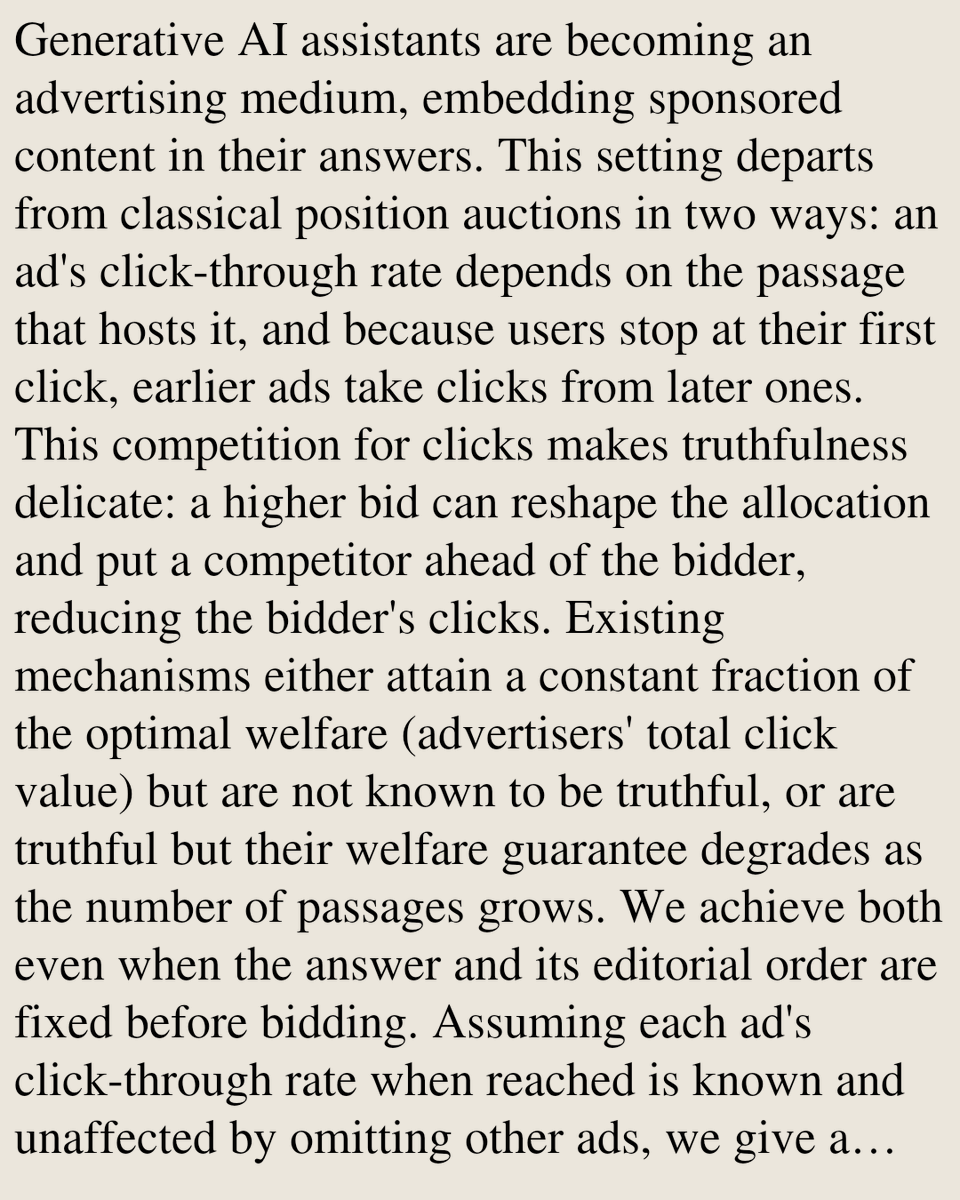 DO's tweet photo. Truthful by Omission: Click Thinning for LLM-Native Advertising

Junhua Liu, Zhicheng Liang, Zejun Zhang, Langzhou He, Feng Qian
https://t.co/EsH9krwV3F [𝚌𝚜.𝙶𝚃 𝚌𝚜.𝙰𝙸 𝚌𝚜.𝙳𝚂] https://t.co/HgYKgLqUUP
