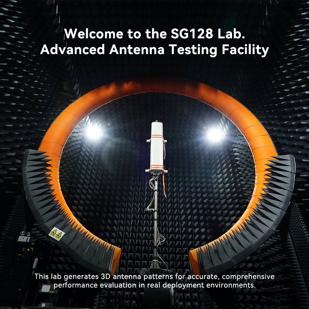 Huawei's tweet photo. This isn't an escape room—it's the SG128 Lab (Spherical Near-Field Antenna Test Lab). With 128 probes arranged in a perfect arc and surrounded by electromagnetic-absorbing materials, this facility pushes the boundaries of antenna technology with high-precision testing.