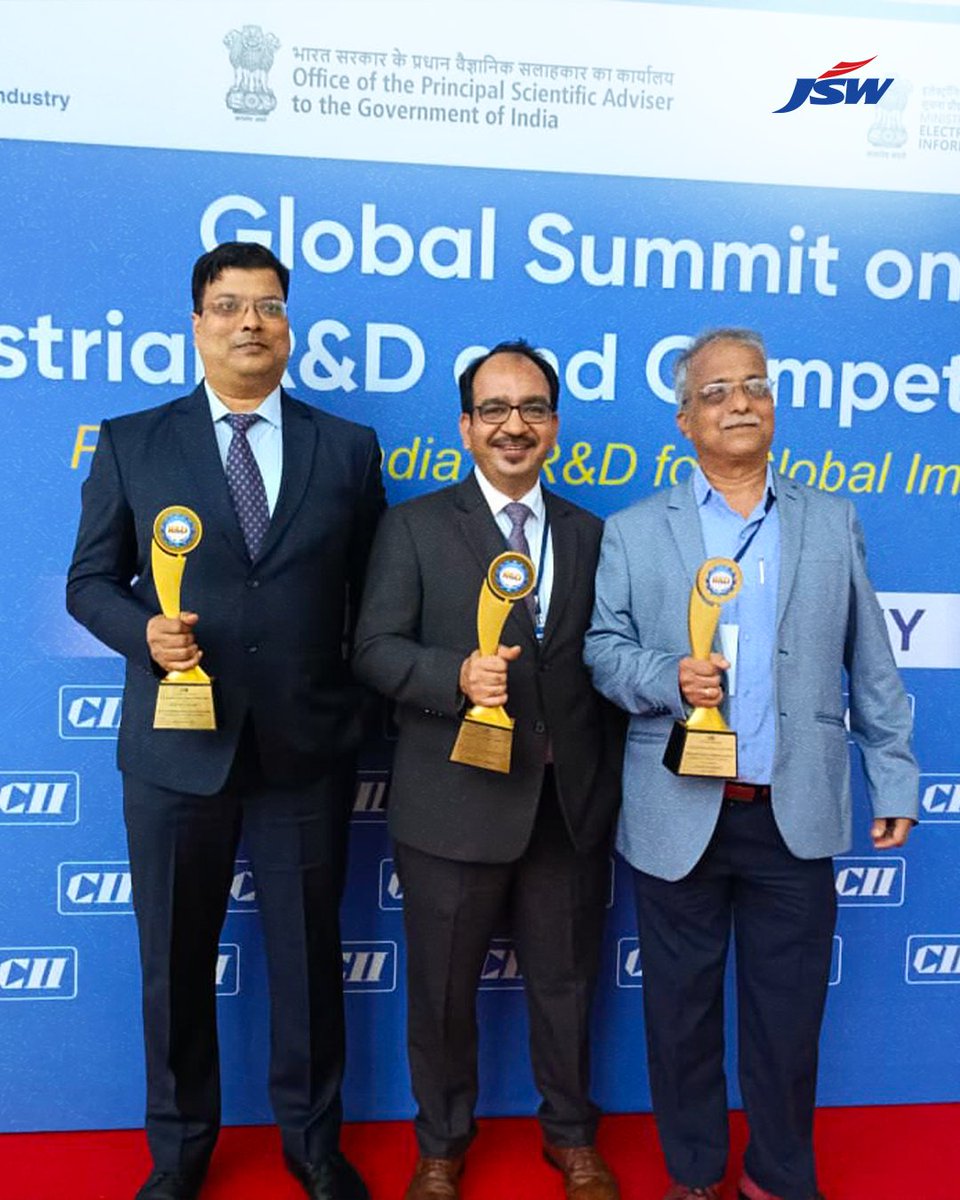 TheJSWGroup's tweet photo. A win for the ideas that keep pushing boundaries! At the CII Global Summit on Industrial R&D and Competitiveness 2026, JSW Cement won Gold for Excellence in R&D in Materials, Chemicals and Textiles, JSW Steel won Silver for Excellence in R&D in Engineering and Manufacturing, and JSW Paints was recognised for Excellence in R&D Commercialisation in Materials, Chemicals and Textiles. Here’s to asking better questions, finding smarter solutions and keeping innovation moving us ahead towards a #BetterEveryday.

@jswsteel | @JSWCement | @JSWPaints 

#JSW #CIIGlobalSummit #JSWSteel #JSWPaints #JSWCement
