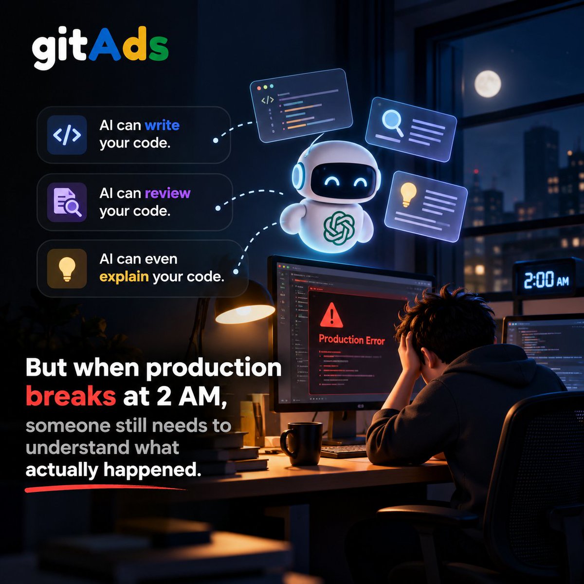 git_ads's tweet photo. AI can write code in seconds. ⚡
But when production breaks at 2 AM, understanding the code matters more than generating it.
AI is a powerful assistant, not a replacement for critical thinking.
💬 Has AI made debugging easier or harder for you? https://t.co/HQZl0rh8ZW