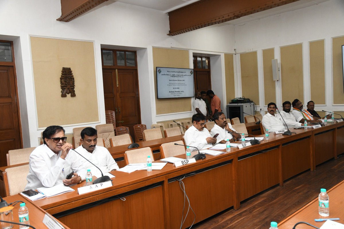 TNelectionsCEO's tweet photo. The Chief Electoral Officer, Tamil Nadu, held a meeting with representatives of recognised National and State Political Parties regarding the Special Summary Revision of Electoral Rolls, 2027 on 23.10.2026.

@ECISVEEP 
#ECI
#SSR2027 https://t.co/CYK371NlfI