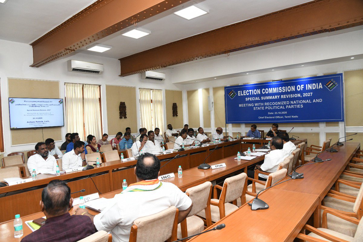 TNelectionsCEO's tweet photo. The Chief Electoral Officer, Tamil Nadu, held a meeting with representatives of recognised National and State Political Parties regarding the Special Summary Revision of Electoral Rolls, 2027 on 23.10.2026.

@ECISVEEP 
#ECI
#SSR2027 https://t.co/CYK371NlfI