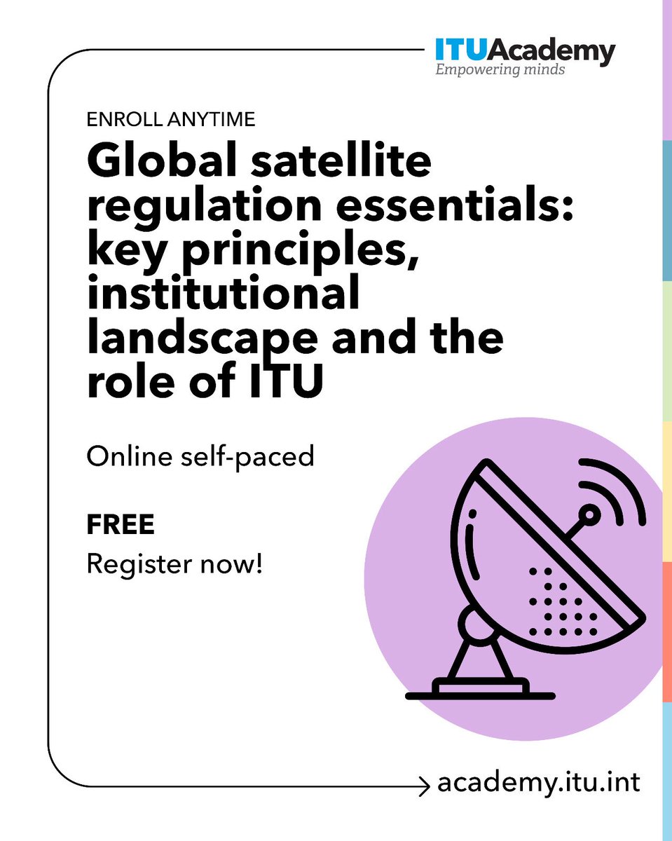 ITUDevelopment's tweet photo. Build your knowledge and skills with #ITUAcademy!
Explore 4 free, self-paced online courses covering:
🔹 Data governance
🔹 Cybersecurity strategy
🔹 Satellite regulation
🔹 Spectrum management
Enrol anytime and learn at your own pace.
👉 https://t.co/8FwYtjOT5r https://t.co/tsslykcbIM
