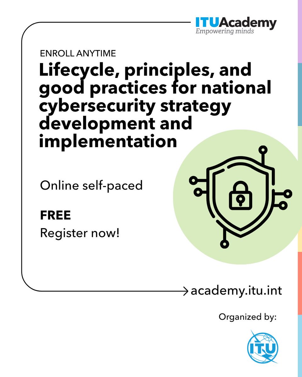 ITUDevelopment's tweet photo. Build your knowledge and skills with #ITUAcademy!
Explore 4 free, self-paced online courses covering:
🔹 Data governance
🔹 Cybersecurity strategy
🔹 Satellite regulation
🔹 Spectrum management
Enrol anytime and learn at your own pace.
👉 https://t.co/8FwYtjOT5r https://t.co/tsslykcbIM