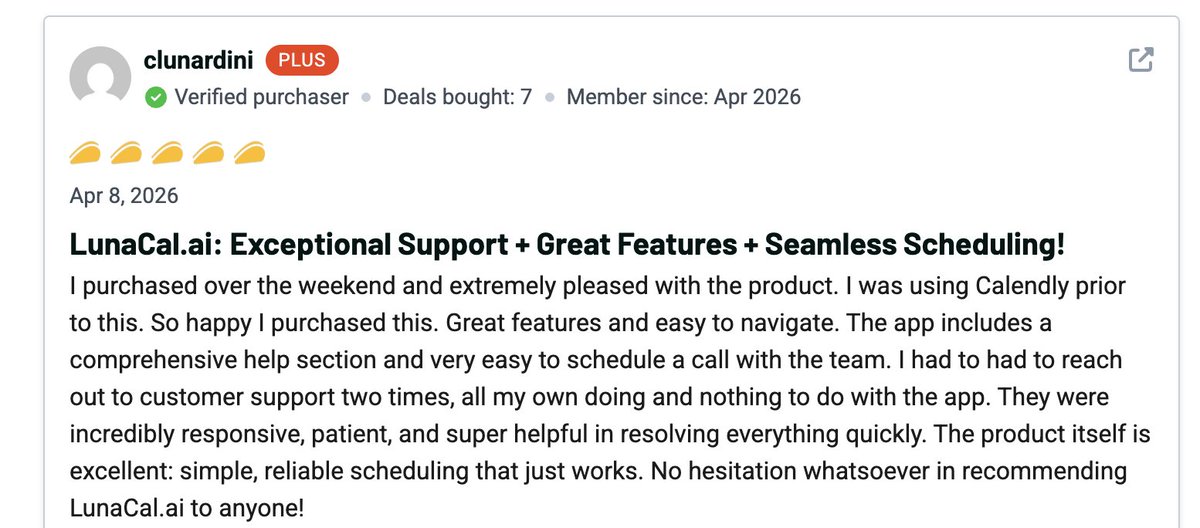 pranshu_bits's tweet photo. “No hesitation whatsoever in recommending https://t.co/PN3Og49WXq to anyone!”

The part I'm proudest of in this review is being called patient. Nobody should feel silly for needing help with a new tool.

#LunaCal #BuildInPublic https://t.co/thGjQ0Kl5t