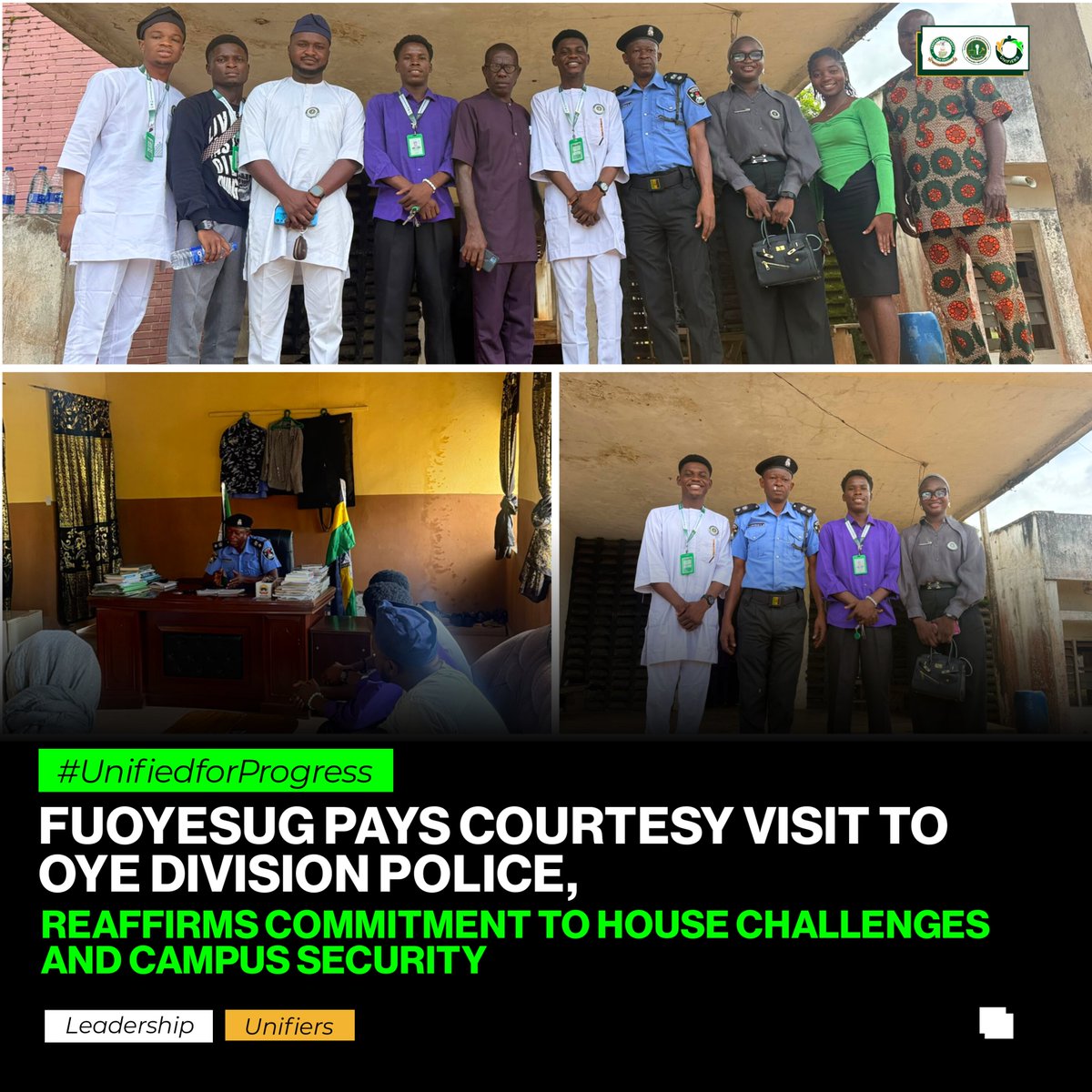 FUOYE_SUG's tweet photo. The Federal University Oye-Ekiti (FUOYE) Student Union Government (SUG), led by the SUG President, paid a courtesy visit to the Oye Division Police Station on Thursday, October 22, 2026, to strengthen collaboration on students’ security and welfare. https://t.co/dFB58v4SvJ