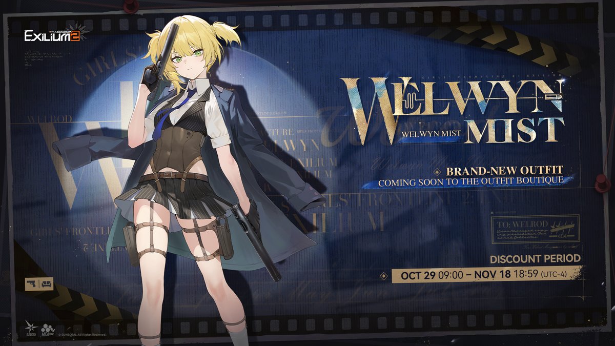 GFL2EXILIUM_EN's tweet photo. Welrod's Outfit | Welwyn Mist

Available for a limited-time discount in the Outfit Boutique starting from Oct 29, 09:00 - Nov 18, 18:59 (UTC-4).

>> Download on mobile and PC: https://t.co/SiNltiPX6t
#GirlsFrontline2Exilium #gfl2exilium https://t.co/VcuBI14HcK