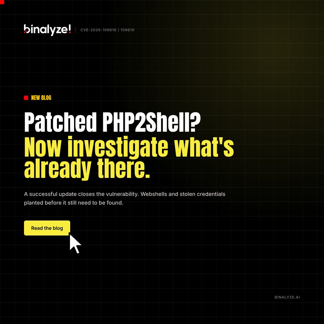 binalyze's tweet photo. Patched PHP2Shell? Now investigate what’s already there.
Jeff Hamm, Binalyze's Forward Deployed Security Architect, on hunting for webshells and persistence left before the patch, with companion Sigma and YARA rules to get you started: https://t.co/lF9Zgsr5I1 https://t.co/yJo2rEJXbb