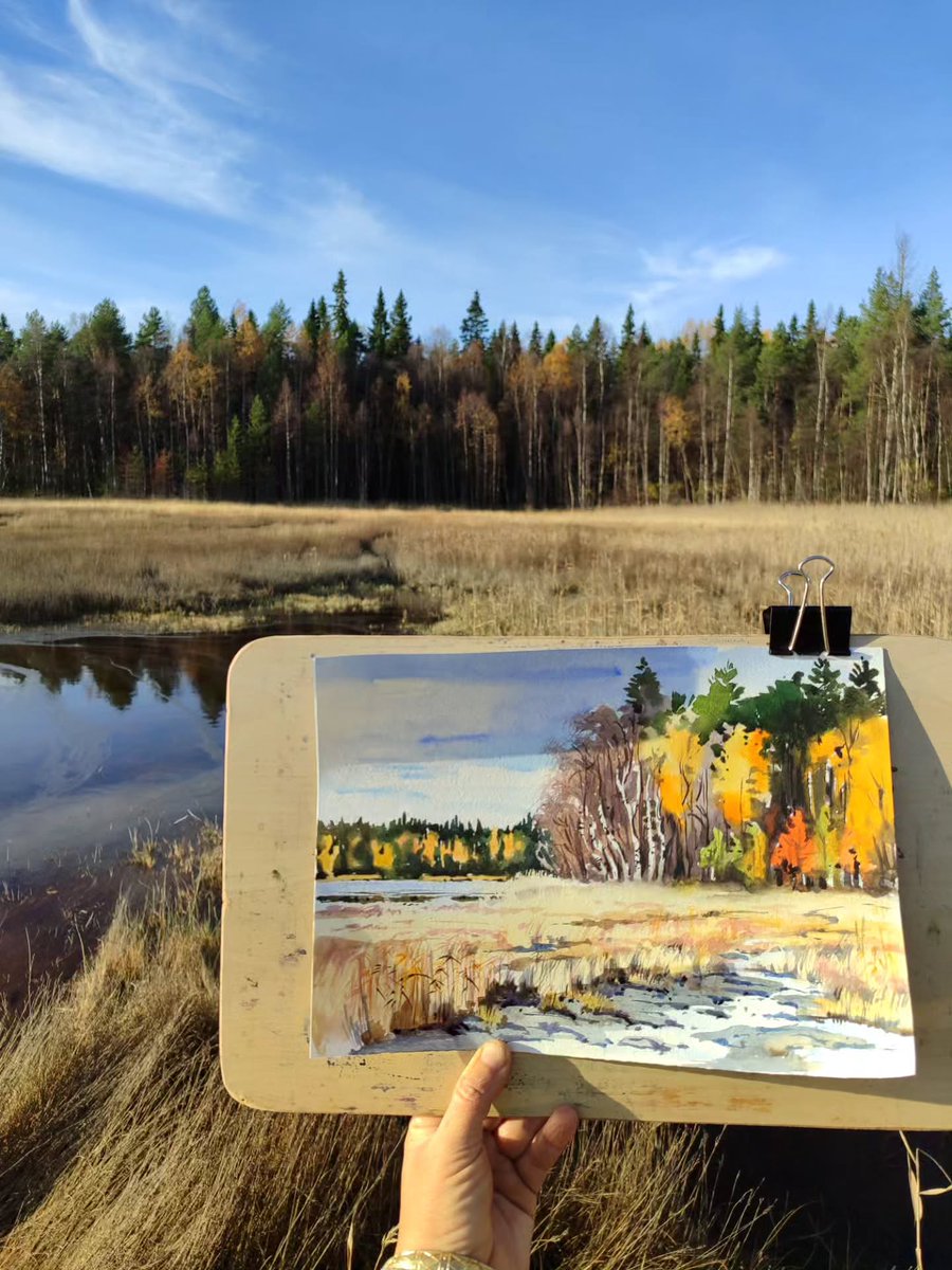 RoLo23lo's tweet photo. Painting a marsh at low tide turned into a race for dry land. The water kept rising, my feet and supplies were ankle-deep, and I had to run before the tide trapped me. This watercolor was finished later, on solid ground. https://t.co/Capg8dpRQm