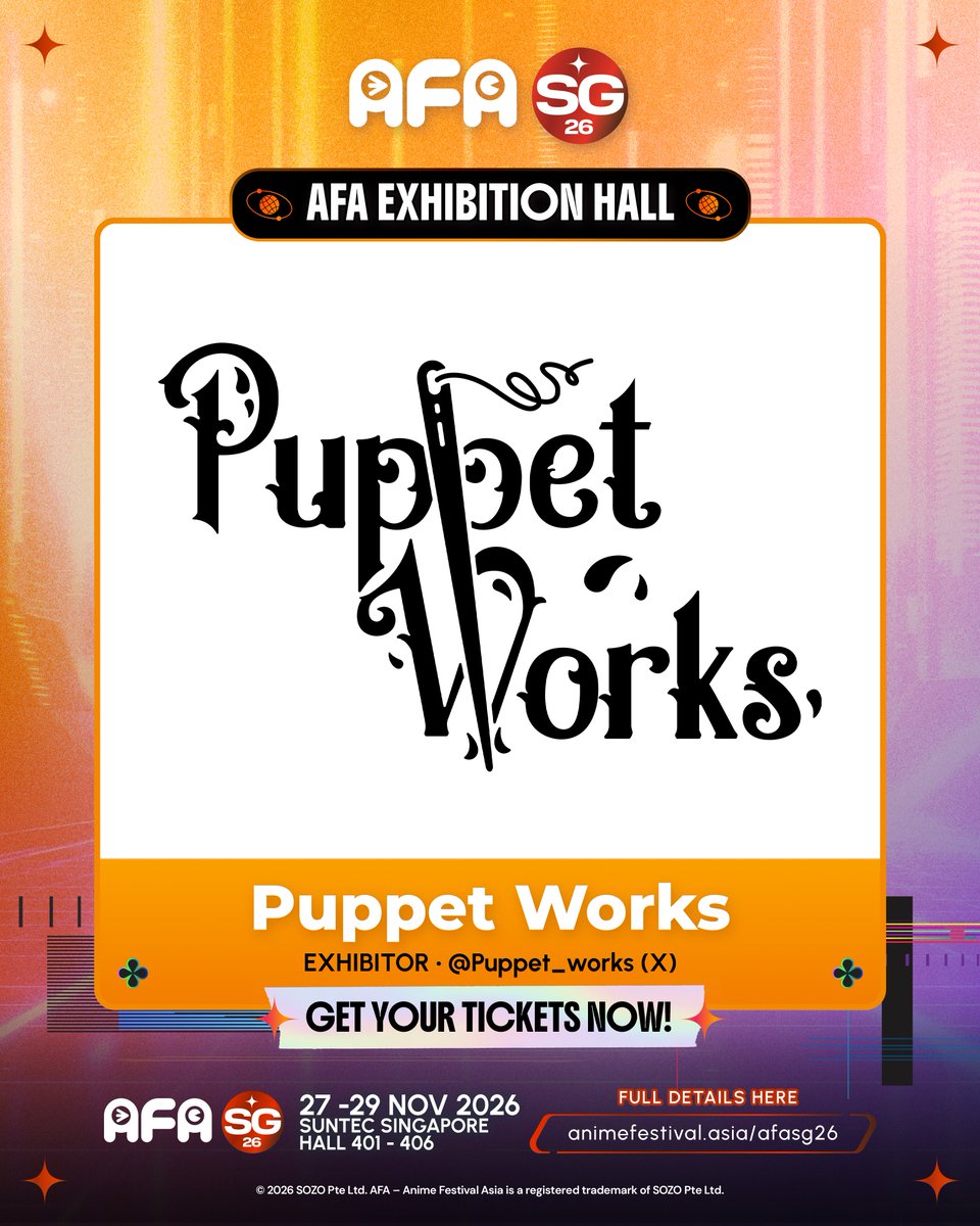 animefestasia's tweet photo. #AFASG26 Puppet Works @Puppet_works is at AFA SG26! 🎨

Explore original illustrations, character artwork &amp; exclusive merch at their booth!

🎟️ https://t.co/9S7dqcfFUw

#AnimeFestivalAsia #PuppetWorks https://t.co/nFJjslBkzm