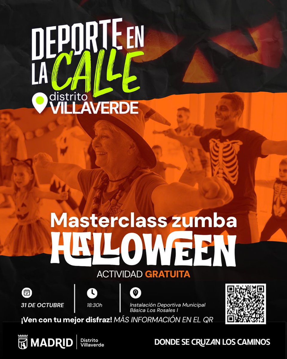 JMD_villaverde's tweet photo. 🕸 Apúntate a la Masterclass de Zumba de Halloween de #Villaverde

🎃 Música, decoración terrorífica y tres horas de baile al aire libre 🎶

🗓 Sábado 31 de octubre
🕡 De 18:30 a 21:30
📍 IBD Los Rosales I

Inscripción gratuita con plazas limitadas 👇
🔗 https://t.co/5p1yTV4e8J https://t.co/m7BoEc3krI