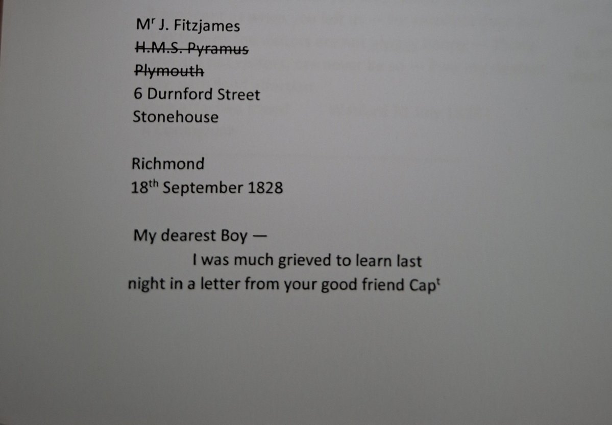 CaptFitzjamesRN's tweet photo. I'm in Plymouth for another conference and I'm going to check out this address at which Fitzjames was being kept by the Gambiers who didn't want to return him to the Coninghams. 👀 After Robert Coningham sent a letter they did let Fitzjames go. [Letter R. Coningham to JF] https://t.co/cFgBur0NXr