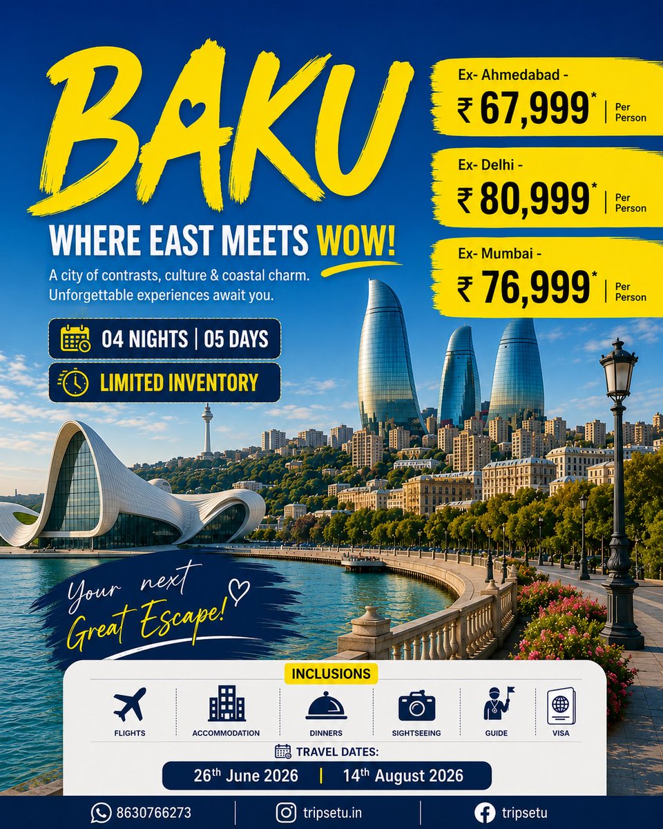 oswello's tweet photo. Baku Calling! 4N/5D Baku package starting from ₹67, 999 per person. Departures: 26 Jun 2026 and 14 Aug 2026. Limited inventory. Call 8630766273 https://t.co/75ksiUzRar