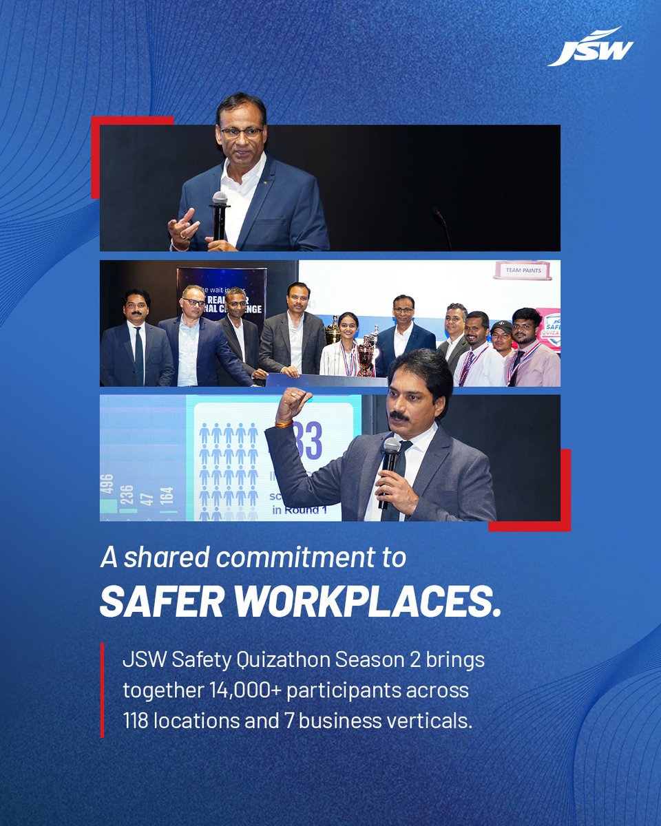 TheJSWGroup's tweet photo. Sharp minds. Safe hands. One shared commitment. JSW Safety Quizathon Season 2 brought together 14,000+ employees across 118 locations and 7 business verticals, strengthening our collective commitment to workplace safety. Congratulations to Team Salem Steel, our JSW Group Safety Champions, and to Team Fujairah Cement and Team Vasind Paints, our runners-up. As we celebrate this season’s achievements, we look forward to carrying these learnings forward and building a culture where safety is everyone’s responsibility and everyone gets home safe.

#JSW #BetterEveryday #SafetyQuizathon #SafetyChampions
