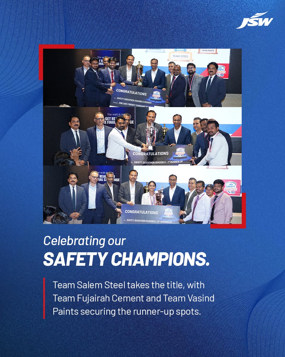 TheJSWGroup's tweet photo. Sharp minds. Safe hands. One shared commitment. JSW Safety Quizathon Season 2 brought together 14,000+ employees across 118 locations and 7 business verticals, strengthening our collective commitment to workplace safety. Congratulations to Team Salem Steel, our JSW Group Safety Champions, and to Team Fujairah Cement and Team Vasind Paints, our runners-up. As we celebrate this season’s achievements, we look forward to carrying these learnings forward and building a culture where safety is everyone’s responsibility and everyone gets home safe.

#JSW #BetterEveryday #SafetyQuizathon #SafetyChampions