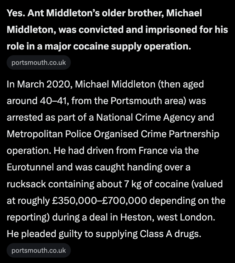 colder_sarcasm's tweet photo. This is your reminder that being a criminal runs in the Middleton family - Ant Middleton's brother, Michael, is a convicted of supplying Class A drugs while Ant himself served 5 months of a 14 month sentence for assaulting a police officer. https://t.co/9sPpLDbWuC