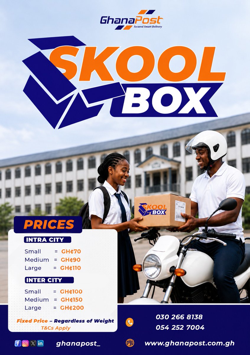 ghanapost_'s tweet photo. Sending parcels to your children and loved ones at school doesn’t have to cost a fortune!

With Ghana Post SkoolBox, you can enjoy reliable parcel delivery at fixed and affordable rates that help you stay within budget.

For enquiries, call 0542527004 or 0302668138.

Save smart. https://t.co/4vDJGJrsac