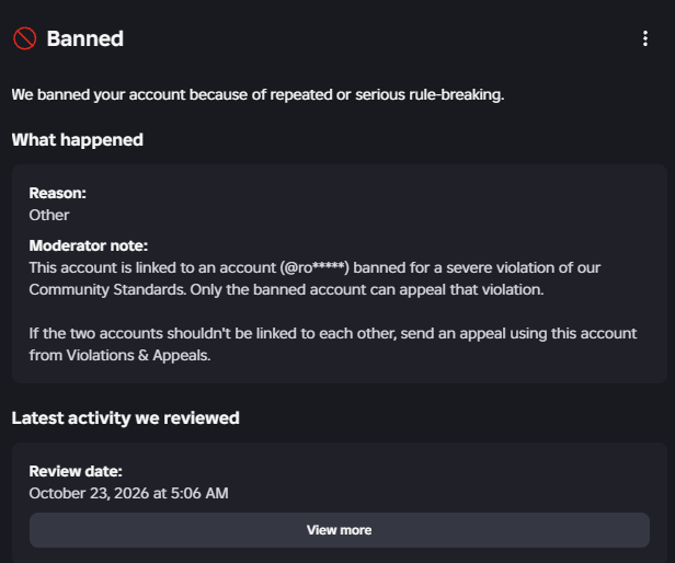 Volisey's tweet photo. Absolutely ridiculous.

9 years on this platform, just to get banned for an account I don't REMOTELY recognise. Like, who is @ro***** ?? I have two alt accounts and that is NOT one of them. As a game dev who just pushed out a game + event, this is heartbreaking.

@Roblox hello?? https://t.co/od3TwR5YBY