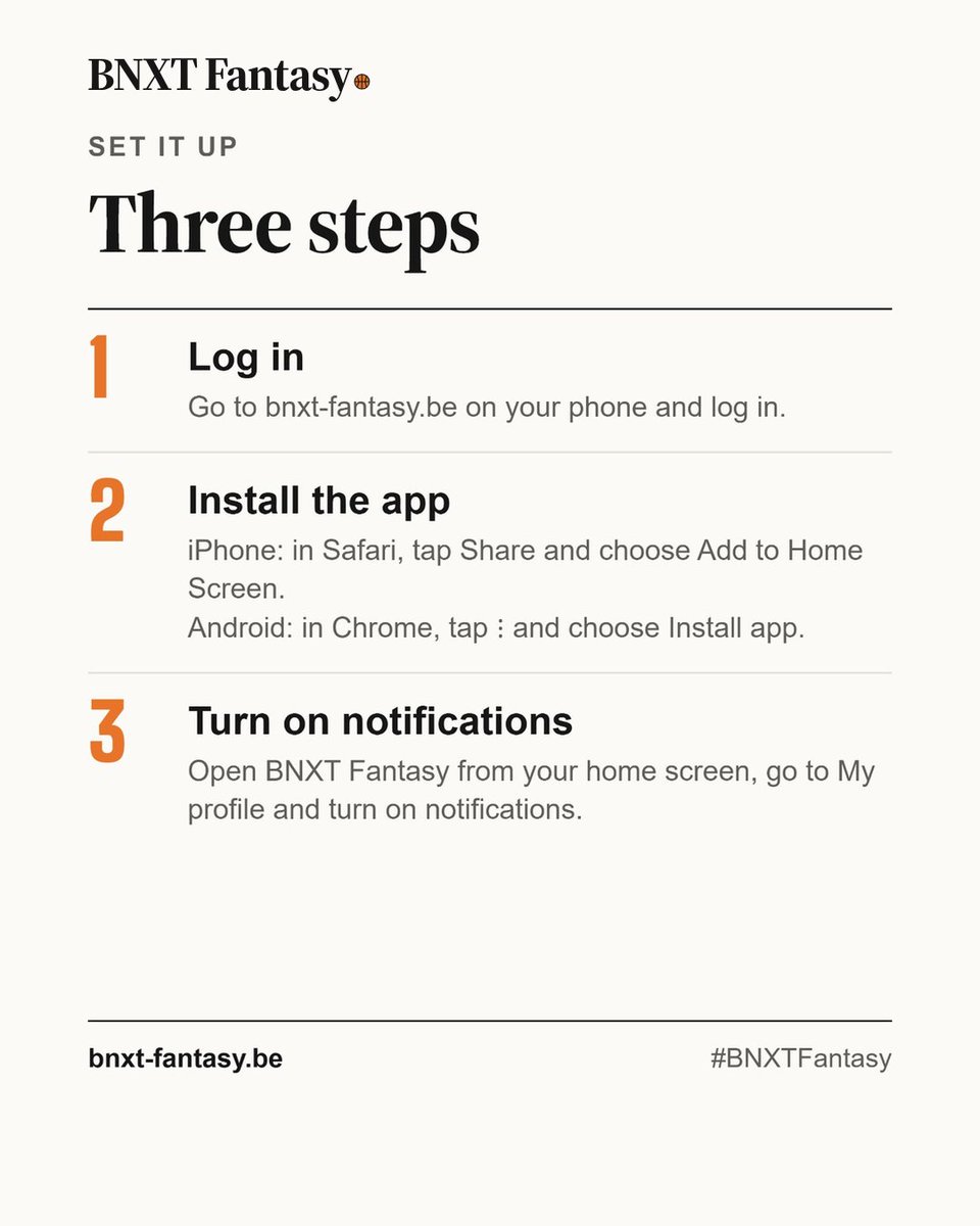 bnxtfantasy's tweet photo. Deadline tonight, 19:00 ⏰

New: BNXT Fantasy now sends push notifications.

A reminder 24h and 1h before every deadline, so you never forget to confirm your team again 🔔

Set it up in 3 steps: log in at https://t.co/NQTV2f0zwQ 🔗 https://t.co/6lKca1rBil