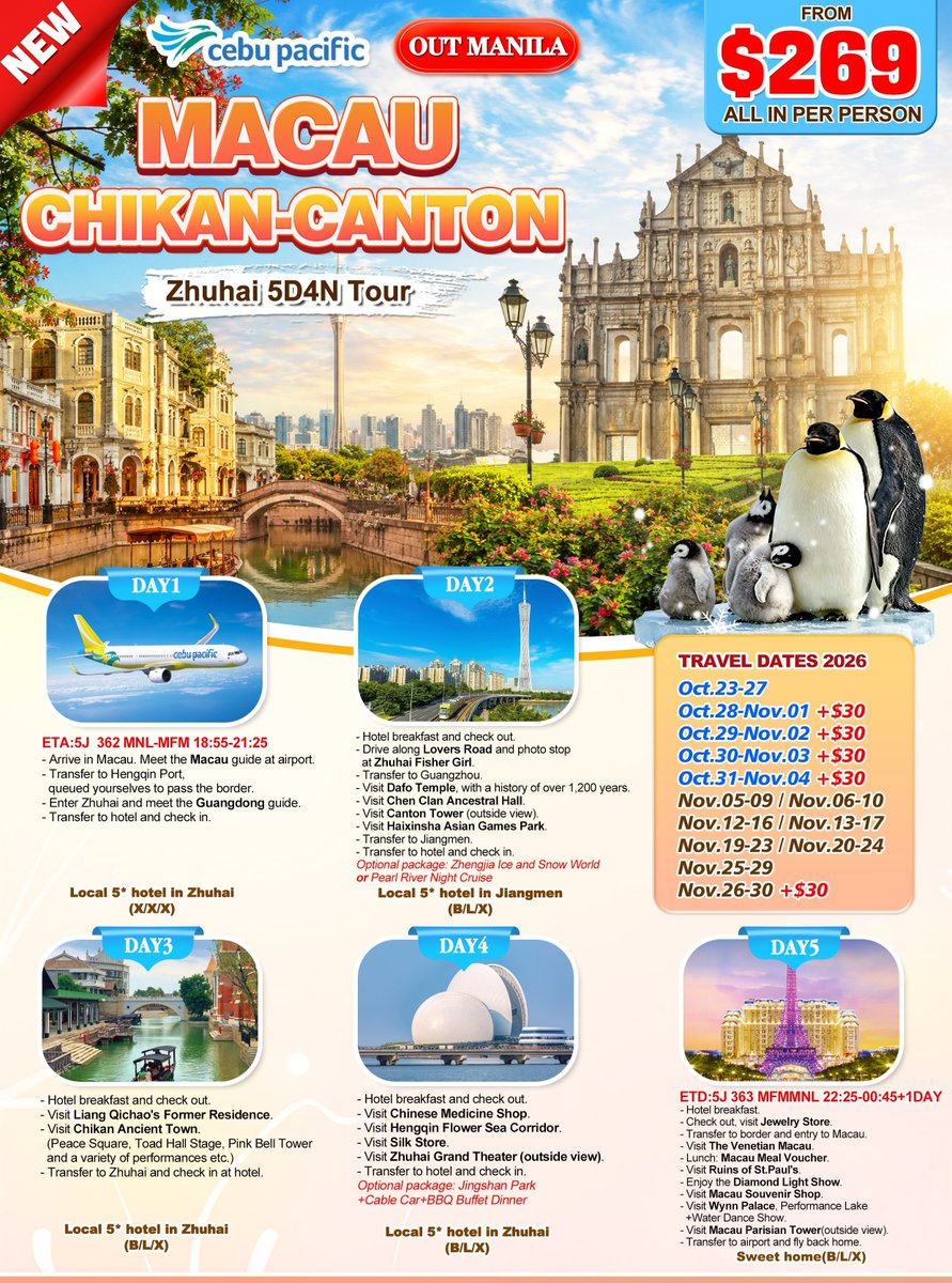 TadeuTorres's tweet photo. Macau, Zhuhai, Chikan, and Guangzhou in one unforgettable 5D4N tour. Enjoy culture, sights, Cantonese food, guided tours, flights, hotels, and breakfast from $269 all-in per person. Limited 2026 dates available. https://t.co/XXp7qeMszk