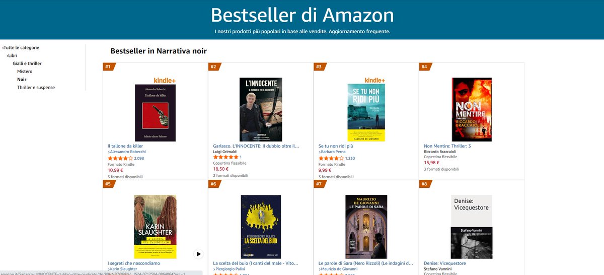 LuigiGrimaldi19's tweet photo. "L'innocente" classifica di Amazon: n. 2 in Narrativa noir, n. 227 in generale, . n. 30 in Mistero, n. 243 in Letteratura e narrativa (Libri). In 4 giorni. Grazie a chi ha scelto mio libro. Aspetto le vostre critiche su Amazon. Ci saranno presto live in cui parlarne https://t.co/AYSmNT2O9M