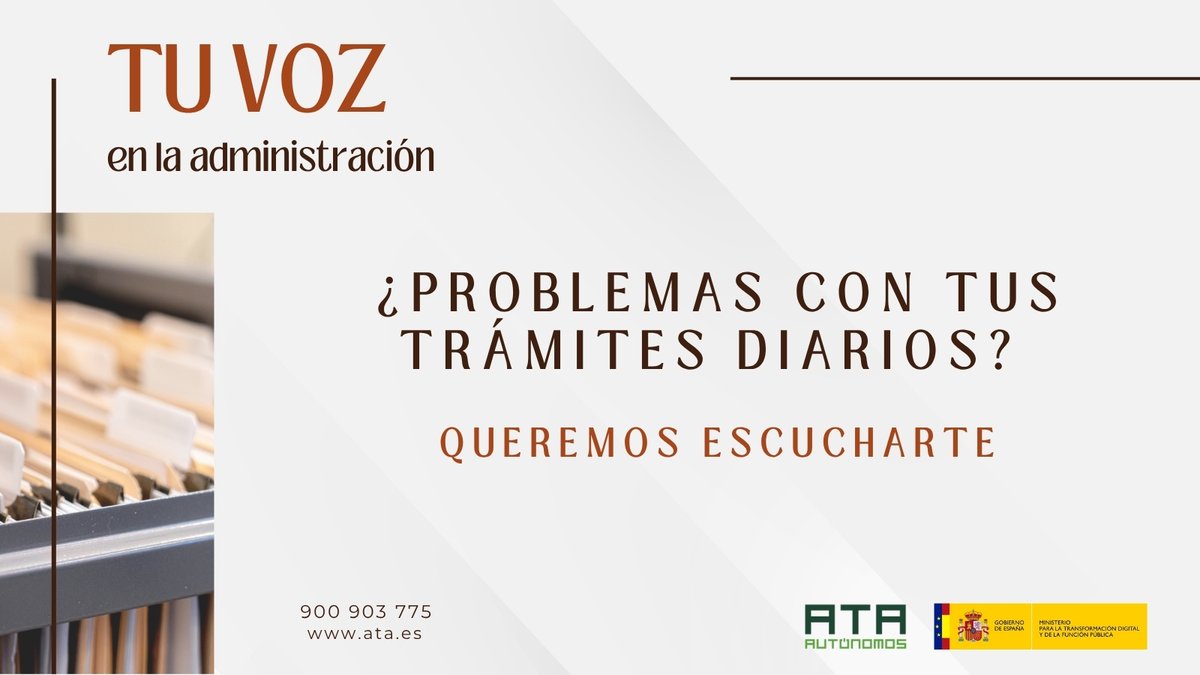 autonomosata's tweet photo. ¿Problemas con los trámites diarios? ¿Eres #autónomo, gestor, o asesor y siempre tienes problemas con el mismo "papel"?
En ATA queremos eliminar todas las trabas que te dificultan el día a día. 

Especialmente las que tienen que ver con trámites con las administraciones públicas. Somos tu voz y vamos a reunir todas las trabas para buscarles solución.  

☺️Te escuchamos
 
Esta es tu oportunidad de participar activamente para expresar tus inquietudes y desafíos diarios con la Administración Pública y señalar las trabas y trámites que deben eliminarse.  

📪 Formulario de recepción de trabas: https://t.co/BiHWHE2k9A 
Si tienes cualquier duda también puedes llamar al 900 903 775.