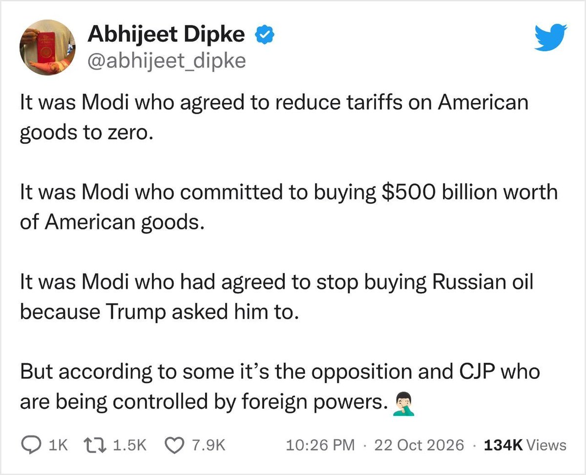 BatPhoenix07's tweet photo. FACT CHECK ✅ ✅ 

1. Zero tariffs on American goods

India's trade deals with the UK, New Zealand and the EU also offer tariff concessions on selected products from both sides. Lower or zero tariffs boost trade, expand consumer choice and open new markets. THAT'S HOW TRADE DEAL WORKS.

2. $500 billion in US purchases

India imported $53.45 billion worth of US goods in FY 2025-26. The target of $500 billion over five years means an average of $100 billion annually. With expanding trade and investment, this reflects India's growing purchasing power, economic ambitions and global reach. A stronger India can do business on a much bigger scale.

3. Russian oil

India has NOT stopped buying Russian oil. In September 2026, it imported around 1.8 million barrels per day from Russia.

Hey Cockroach, now tell us, where does CJP get its funding from?