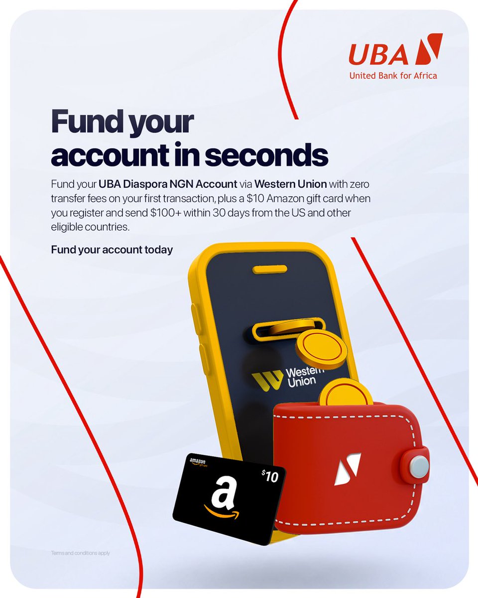UBAGroup's tweet photo. 𝐙𝐞𝐫𝐨 𝐓𝐫𝐚𝐧𝐬𝐟𝐞𝐫 𝐅𝐞𝐞�� 𝐎𝐧 𝐘𝐨𝐮𝐫 𝐅𝐢𝐫𝐬𝐭 𝐅𝐮𝐧𝐝𝐢𝐧𝐠. 

Funding your Nigeria Diaspora Account with UBA is quick and convenient, giving you an easy way to stay connected to your finances and keep your plans moving, wherever you are.

Get started by clicking the link https://t.co/JRUAegNEST .

#AfricasGlobalBank