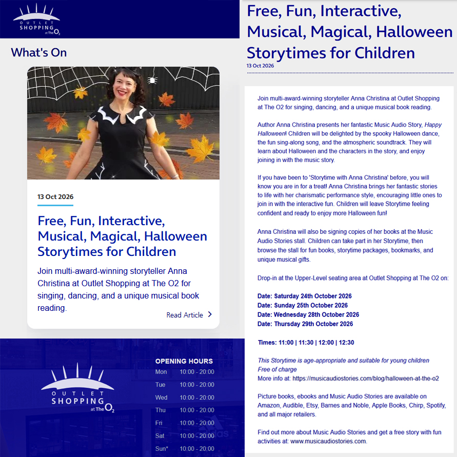 musicaudiostory's tweet photo. 🎃Storytimes, Book Signing and Stall at #TheO2!

👻Free, Fun, Interactive, Musical, Magical Halloween Storytimes for Children at:

📍 #OutletShoppingatTheO2
📅 Sat 24 Oct
📅 Sun 25 Oct
📅 Wed 28 Oct
📅 Thu 29 Oct
🕘11 | 11:30 | 12 | 12:30

ℹ️https://t.co/UhYOSWInp2 https://t.co/giUv2nwNsh