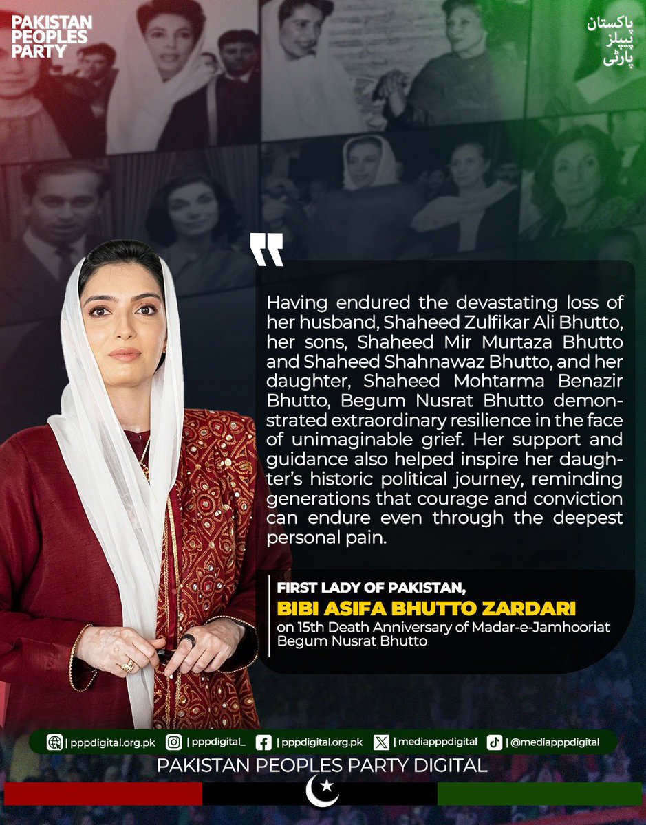 mediapppdigital's tweet photo. Honouring Madar-e-Jamhooriat Begum Nusrat Bhutto, whose courage, sacrifices and unwavering commitment to democracy continue to inspire generations of women and uphold the spirit of democratic resistance.

First Lady of Pakistan Bibi Asifa Bhutto Zardari on 15th Death Anniversary of Begum Nusrat Bhutto

@AseefaBZ 
#MadarEJamhuriyat #BegumNusratBhutto