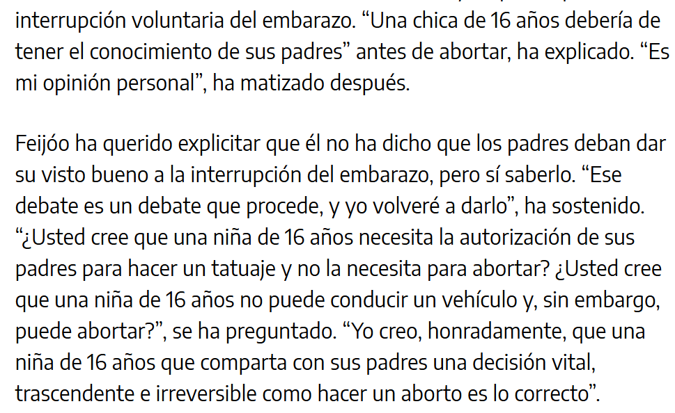 zarya17's tweet photo. Estas son las palabras de Feijóo sobre la interrupción voluntaria del embarazo, debate que cree que debe volver a abrirse. El cese del consentimiento por representación, a excepción de casos muy graves, en cuestiones sanitarias en España está fijado en los 16 años de una menor, https://t.co/GvQ7lpHYuv