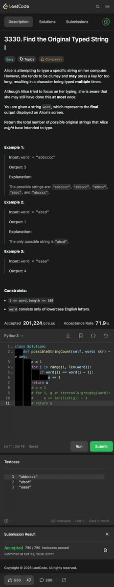 doctorzlai's tweet photo. Day 620 - Leetcoding with Kids - 3330. Find the Original Typed String I
带娃刷题第620天 数原始敲击字符串

#leetcode #tutorial #daily #learning #python #programming #力扣 #编程 #计算机 #学习 #coding #算法 #数据结构 #math #数学 https://t.co/VvOqAMHlql