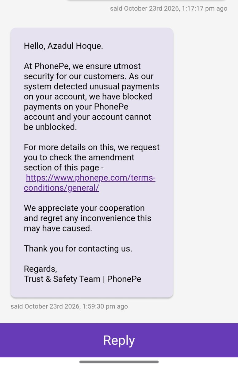 AzadSoftwareDev's tweet photo. @PhonePe @PhonePeSupport Over 1year of complaints,bank passbook and ID proof submitted, and this is your solution? Just saying my account cannot be unblocked without offering a proper review or appeal process is ridiculous! What kind of customer support is this? Shameful service! https://t.co/fB63TyHLKG